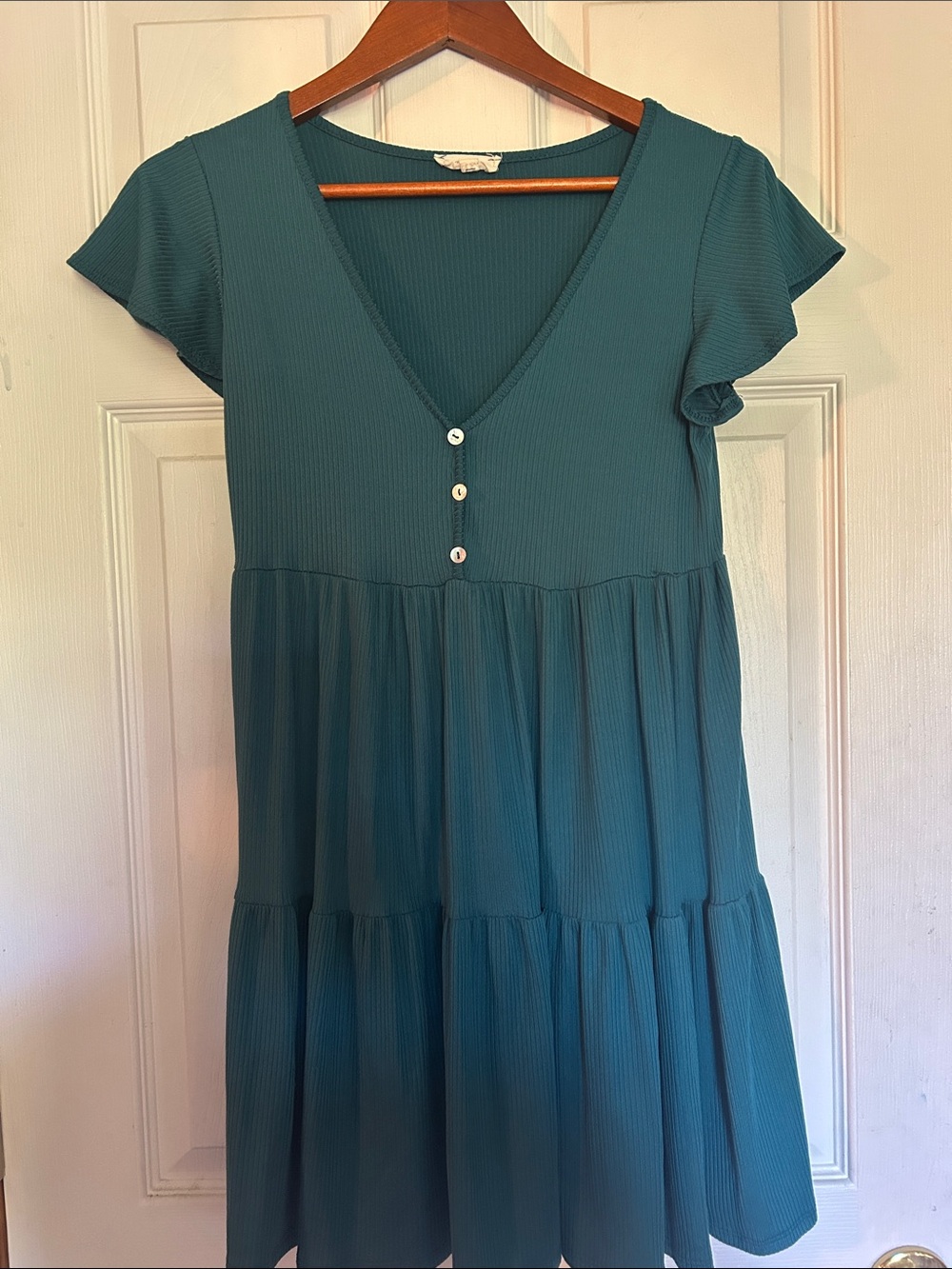 See You Monday Teal V-Neck Tiered Mini Dress